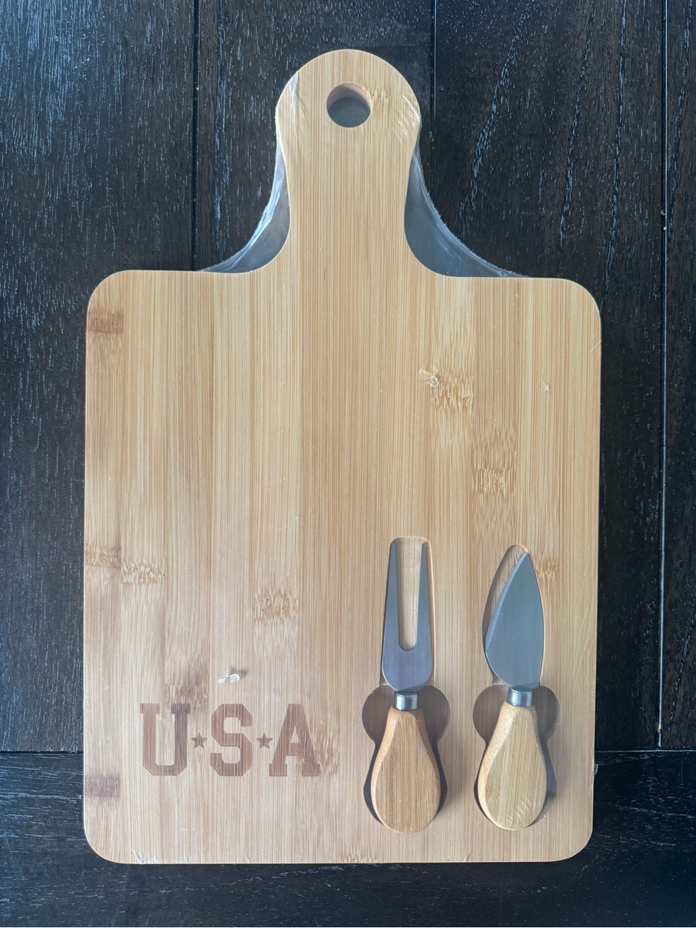 USA Bamboo Cheese Board Set with Fork and Spreader